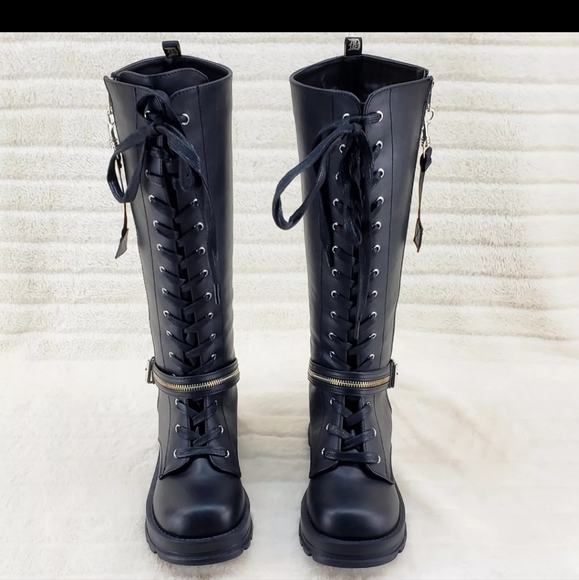 Bratty Block Heel Lace Up Punk Goth Biker Knee Boots - Picture 10 of 15